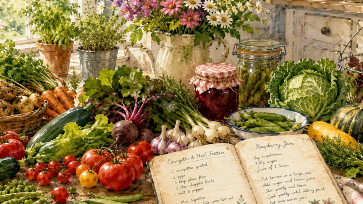 A garden-to-table spread — freshly picked vegetables, herbs and homemade preserves on a kitchen table