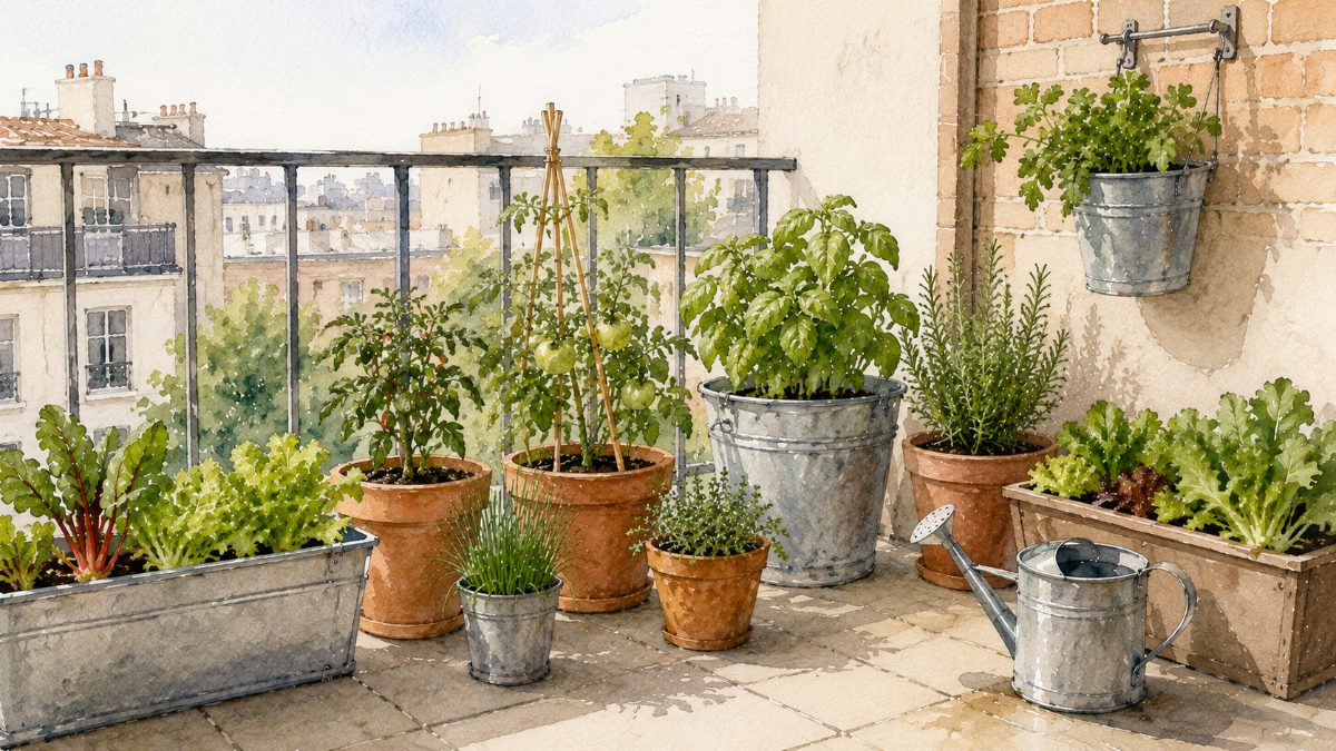 A balcony container garden with herbs and vegetables