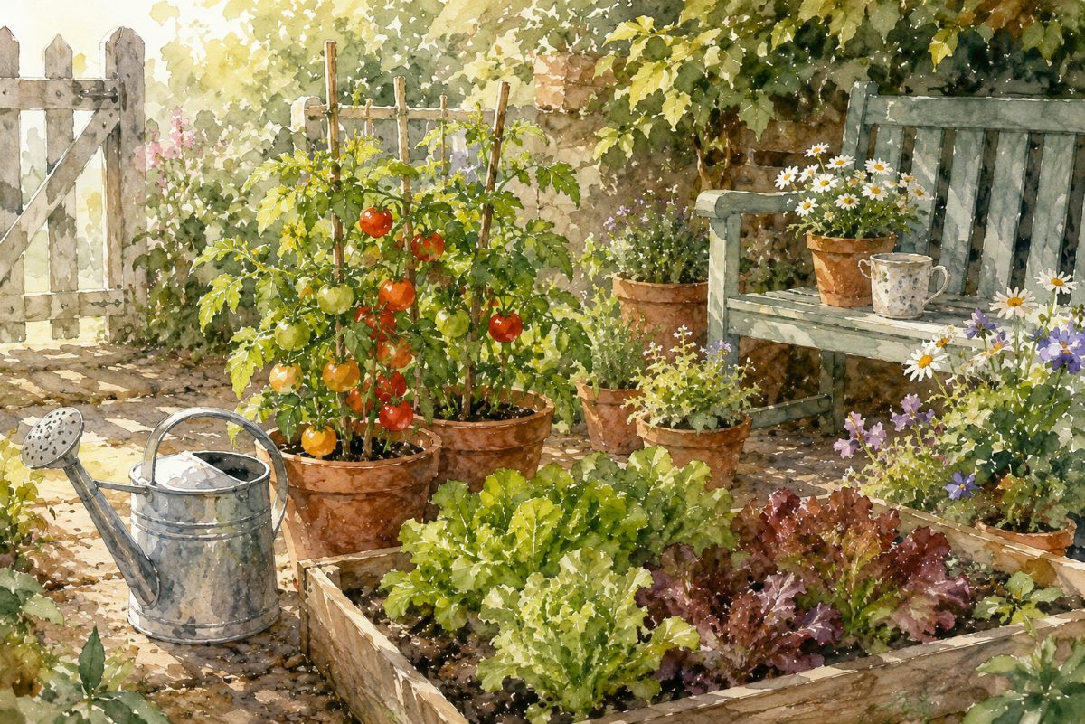 A cottage garden bed of lettuces and tomatoes