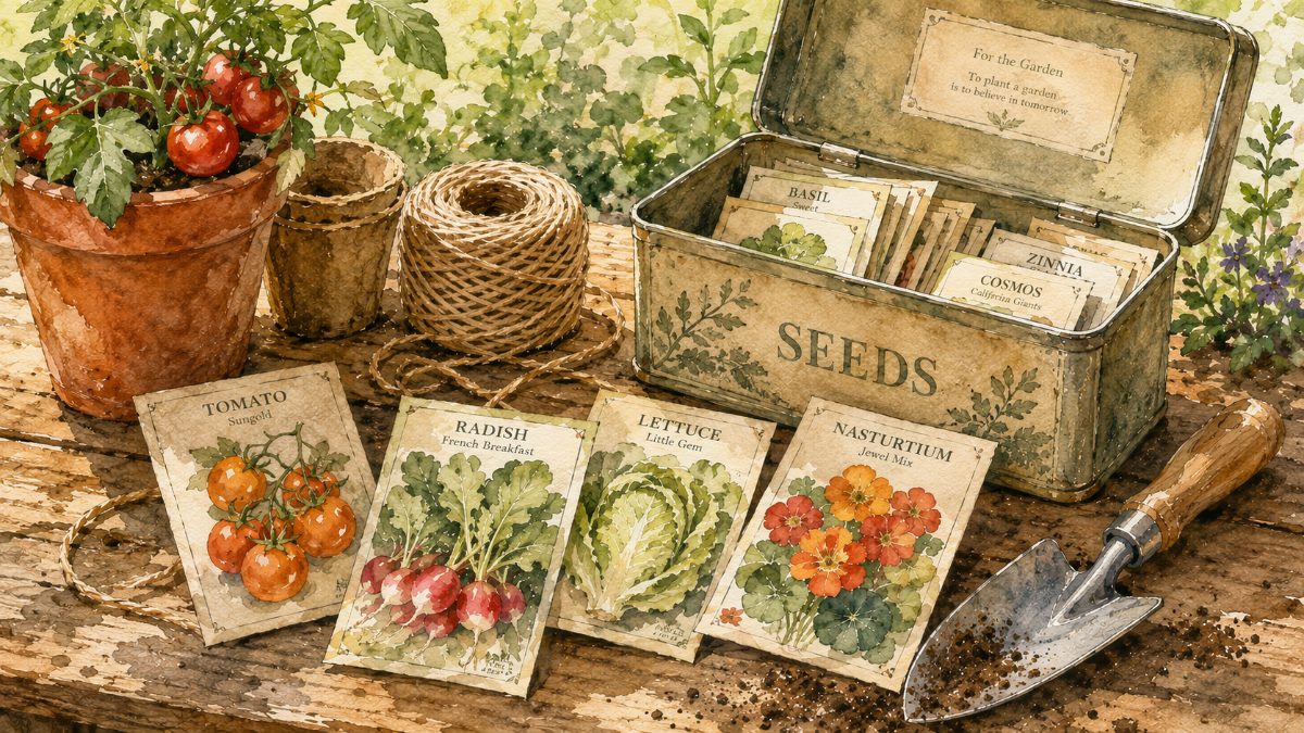 A vintage seed tin with seed packets